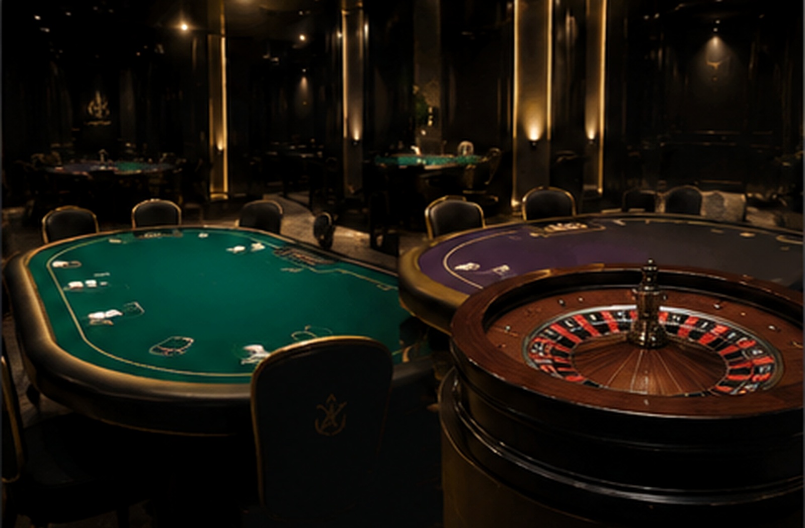 elegant casino night event, roulette and blackjack tables, neon accents, luxury lounge, guests laughing, high-end event photography
