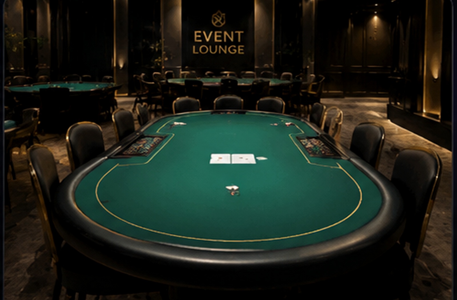 premium poker evening, professional green table, warm amber lighting, guests in cocktail outfits, high-end event photography
